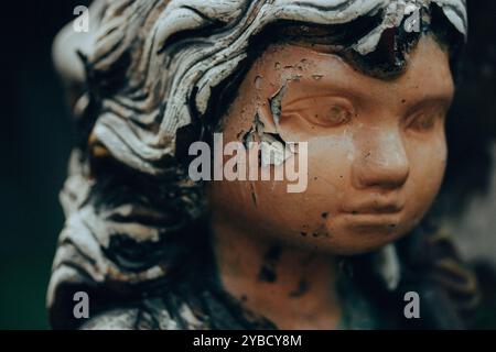 Abgenutzter Steinengel. Alte weibliche Figur mit schäbiger Farbe im Gesicht. Denkmal auf einem Friedhof. Alte Statue aus nächster Nähe. Traurigkeit, Sehnsucht, Depression. Stockfoto