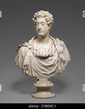 Büste von Kaiser Commodus, 180-185. Zusätzliche Informationen: Der Ausdruck auf diesem Porträt des römischen Kaisers Commodus (regiert 180–192 n. Chr.) lässt seine bekannte Liebe zum Kampf und Kampf in der Arena vielleicht verleugnen. Im Gegensatz zu seinem intellektuelleren und philosophischeren Vater Marcus Aurelius war Commodus skrupellos genug, selbst seine Schwester und Tante zu töten. Er wird in Militärkleidung dargestellt: Ein drapiertes Gewand und eine Fibel oder eine Nadel, anstatt in der Kleidung eines Senators oder einer religiösen Figur. Zu seiner Zeit war es üblich, dass in Rom offizielle Porträts von Herrschern geschnitzt wurden. Von diesen, mehrere Kopien Stockfoto