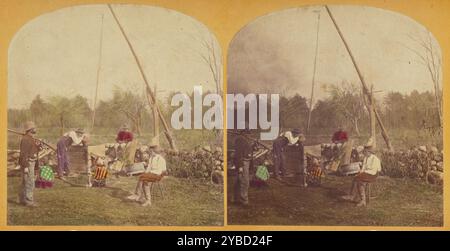 Gruppe von Holzarbeitern in der Nähe eines Brunnens, etwa 1870-1880. Stockfoto