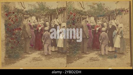 Gruppe von Leuten, die ein Spiel im Garten spielen, eine Frau hat die Augen verbunden, ungefähr 1865. Stockfoto