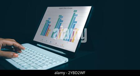 Frau Hand mit Tablet, die Daten in Finanzdiagrammen und Diagrammen mit Tablet überprüft, Unternehmen analysiert grafische Diagramme für statistische Umsätze während der Re Stockfoto