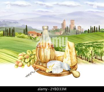 Weißweinflasche mit Aquarell, Parmesan, Käse und Trauben vor italienischer ländlicher Landschaft mit Türmen und Bauernhöfen, Zypressen und Büschen, handgezeichnet Stockfoto