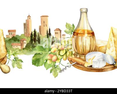 Weißweinflasche mit Aquarell, Parmesan, Käse und Trauben vor italienischer ländlicher Landschaft mit Türmen und Bauernhöfen, Zypressen und Büschen, handgezeichnet Stockfoto