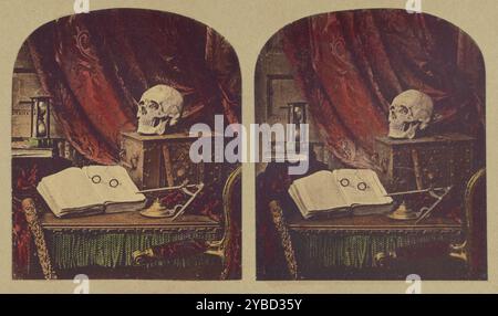 Alte Sterblichkeit / Stillleben von Schädel, Büchern und Sanduhr / Vanitas / der Sand der Zeit, um 1860. Stockfoto