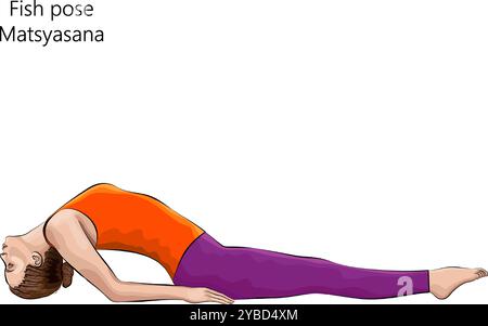 Junge Frau, die Yoga-Pose übt. Fischhaltung. Matsyasana. Isolierte Vektordarstellung. Stock Vektor