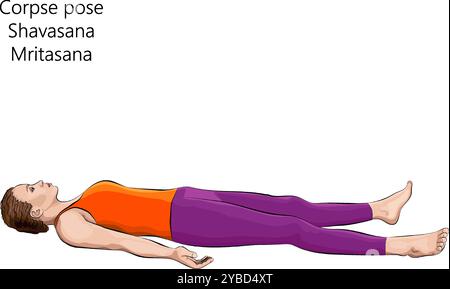 Junge Frau, die Yoga-Pose übt. Körperhaltung. Shavasana oder Mritasana. Isolierte Vektordarstellung. Stock Vektor