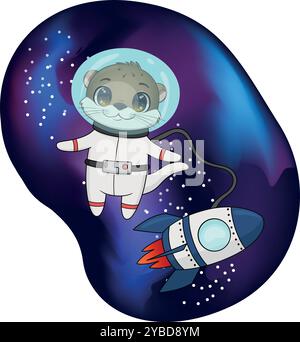 Vektorillustration des Otter-Astronauten. Niedlicher Otter-Astronauten-Aufkleber. Stock Vektor