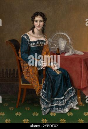 Porträt einer Frau, 1818. Zusätzliche Info: Eine junge Frau mit kaskadierenden Locken aus dunklem Haar sitzt vor uns in einer geschmackvoll eingerichteten Einrichtung. Sie trägt ein dunkelblaues Seidenkleid, das mit Spitze, einem tieforangefarbenen Kaschmirschal und verzierten Perlenschmuck besetzt ist. Der Ventilator in der linken Hand und das Opernglas und die durchsichtige, gefiederte Motorhaube auf dem Tisch neben ihr deuten auf einen stimulierenden Abend im Theater hin. Stockfoto