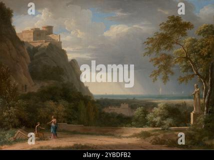 Klassische Landschaft mit Figuren und Skulptur, 1788. Unter einer felsigen akropolis unterhalten sich zwei Frauen in klassischer Kleidung miteinander. Das Kleid und die Geste der stehenden Frau spiegeln sich in der lebensgroßen Marmorskulptur am rechten Rand des Gemäldes wider. Ein anderes Zahlenpaar ist weniger sofort sichtbar. Auf einem schattigen Pfad schlängeln sie sich den steilen Hügel hinauf in Richtung Zitadelle. In der Ferne bewegen sich Segelboote in und aus den Regenschächten, während sie durch ein dünnes Stück türkisfarbenes Meer fahren. Stockfoto