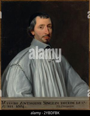 Antoine Singlin, ca. 1646. Zusätzliche Info: Antoine Singlin fixiert den Betrachter mit einem stetigen, durchdringenden Blick. Vor seiner Exkommunikation im Jahr 1661 diente Singlin als Beichtvater von Ludwig XIV., König von Frankreich, und dem Philosophen Blaise Pascal. Er war auch Direktor von Royal-des-Champs und Port-Royal-de-Paris, Kloster im Zentrum der streng asketischen religiösen Bewegung, bekannt als Jansenismus. Diese psychologisch durchdringende Studie erfasst die wilde Persönlichkeit des Mannes und seine strengen Überzeugungen. Philippe de Champaigne platzierte Singlin in halber Länge vor einem neutralen Hintergrund, wobei er t blieb Stockfoto