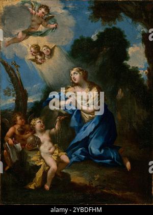Buße Magdalene, um 1698. Zusätzliche Info: Während sie das Kruzifix betrachtet, schließt Maria Magdalena ihre Hände im Gebet und kniet mit den Augen zum Himmel hin. Die aufgeregte Drapierung ihres Kleides und das weiße Licht, das in ihre tränengefüllten Augen strömt, vermitteln eine zutiefst emotionale und spirituelle Szene. Eine Vision von Engeln erscheint am Himmel, und Putten, die neben ihr sitzen, halten Objekte, die oft mit der Buße Magdalena in Verbindung gebracht werden. Stockfoto