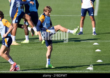 Madrid, Spanien. Oktober 2024. Luka Modric von Real Madrid CF wärmt sich während des Trainings am Vorabend des 10. Fußballspiels der La Liga EA Sports Week 2024/2025 zwischen RC Celta de Vigo und Real Madrid CF in Ciudad Real Madrid auf. Quelle: SOPA Images Limited/Alamy Live News Stockfoto