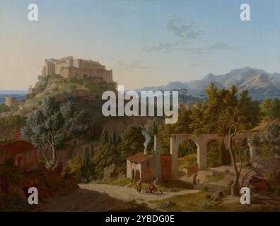 Landschaft mit dem Schloss Massa di Carrara, 1827. Zusätzliche Informationen: Eine spätmittelalterliche Burg steht auf einem Hügel mit Blick auf kleine Gebäude, Ruinen und Oliven- und Zypressen. Das Werk zeigt Massa, eine Stadt in der Nähe von Genua an der Nordwestküste Italiens. Das Gemälde ist besonders detailreich: Die Blätter der Bäume schimmern, die Gebäudekanten sind präzise abgegrenzt und die von den Bauern im Vordergrund getragene unifarbene Kleidung wird sorgfältig beschrieben. Stockfoto