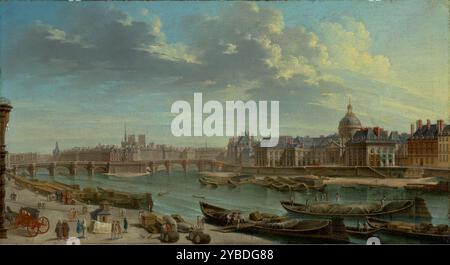 Blick auf Paris mit der Ile de la CIT&#xe9;, 1763. Zusätzliche Informationen: Boote mit Fracht fahren die seine hinunter. An der küstennahen Küste haben mehrere Boote angedockt und entladen, während Herren Geschäfte in der Nähe tätigen. In den späten 1700er Jahren war Paris ein geschäftiges Handelszentrum, und Marktplätze wie dieser wurden zu einem verbreiteten Anblick. Auf der rechten Seite befindet sich die Pont Neuf, eine der ältesten Brücken in Paris. Hinter der Brücke befindet sich ein dreieckiges Stück Land, die Ile de la CIT&#xe9;; die Doppeltürme der fa&#xe7;Ade von N&#xf4;tre Dame sind in der Ferne sichtbar. Auf der anderen Seite Stockfoto