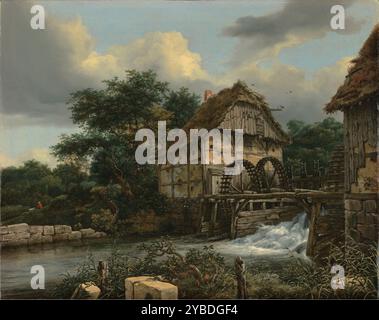 Zwei Wassermühlen und eine offene Schleuse, 1653. Weitere Informationen: Jacob van Ruisdael hat die Spannung zwischen der Macht der Natur und den menschlichen Bedürfnissen erfasst. Vom Ufer eines Baches inmitten von dickem Laub erblickt, stürmen turbulente Gewässer durch eine offene Schleuse. Schlechtes Wetter wird durch die dunklen Wolken vermutet; unebene, zerklüftete Äste und sich ausbreitende Bäume wachsen auf beiden Seiten des Flusses. Vor dem bedrohlichen Himmel erscheinen die Gebäude solide und robust, und eine einsame männliche Figur mit seinem Hund scheint von der natürlichen Umgebung zu klein zu sein. Sonnenlicht bricht durch den stark bewölkten Himmel und setzt sich auf das zentrale Motiv des t Stockfoto