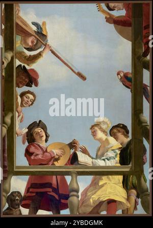 Musical Group on a Balcony, 1622. Zusätzliche Informationen: Lächelnde, singende Figuren versammeln sich um einen Balkon, um Musikinstrumente zu spielen, und laden die Zuschauer unten ein, sich dem Spaß anzuschließen. Der Gesichtsausdruck und die farbenfrohe Kleidung der Schwärmer verstärken die festliche, unbeschwerte Stimmung. Ein Papagei und ein Hund, die von ihren Barschen herunterschauen, runden die fröhliche Gruppe ab. Möglicherweise Teil einer Allegorie von Harmony, könnte das Gemälde ursprünglich etwas breiter und doppelt so lang gewesen sein, mit einer vollständigen Balustrade und weiteren Figuren. Der Kopf des Mannes an der Spitze ist eine moderne Ergänzung. Stockfoto
