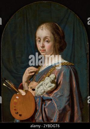 Pictura (ein Allegorie der Malerei), 1661. Zusätzliche Info: Bilder, die die Allegorie der Kunst darstellen, wurden traditionell verwendet, um die Malerei als eine der freiheitlichen Künste zu klassifizieren. Eine Frau, meist idealisiert, verkörpert Pictura (Malerei) und hält Objekte, die für das künstlerische Schaffen von entscheidender Bedeutung sind. In ihrer linken Hand hält sie eine Palette, Pinsel und eine kleine Gipsskulptur, die als Modell für größere Werke diente. Um ihren Hals trägt sie eine Maske an einer Kette, die auf die Fähigkeit der Kunst verweist, durch die Kunst der Illusion zu täuschen. Frans van Mieris der ältere übernahm das antike Modell von Pictura, aktualisierte es aber für seine ti Stockfoto
