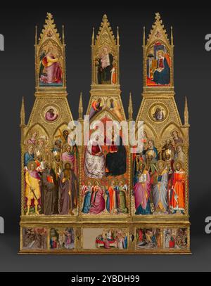 Polyptychon mit Krönung der Jungfrau und Heiligen, um 1390er Jahre In der Mitte dieses opulenten Polyptychons krönt Christus seine Mutter, die Jungfrau Maria, während versammelte Engel und Heilige zuschauen. Der Altar stand in einer Kapelle, die dem Heiligen Benedikt in der Kirche Santa Trinit&#xe0;, Florenz gewidmet ist. Die verschiedenen Tafeln des Altaraufsatzes zeigen keine Episoden in chronologischer Reihenfolge. In den Zinnen über der zentralen Szene, die später hinzugefügt wurden, kündigt der Erzengel Gabriel der Jungfrau die Empfängnis Christi an. Unten, in der Predella, die Reihe der Szenen im untersten Register, die Stockfoto