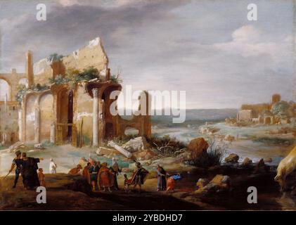 Moses und Aaron haben die Flüsse Ägyptens in Blut verwandelt, 1631. Bartholomeus Breenbergh vertonte die Geschichte von Gottes erster Plage gegen die Ägypter in einer leuchtenden, geräumigen italienischen Landschaft, die mit romantischen klassischen Ruinen gefüllt ist, inspiriert von Beispielen, die er in Rom studiert hatte. In einem weiten raumausblick stehen die hervorgehobenen Ruinen im zentralen Erdreich stark gegen den Himmel. Mit Hilfe von durchscheinenden Schichten empfindlicher Pinselstriche verschmolz Breenbergh meisterhaft Figuren und Landschaften und gab seinem imaginären Setting eine Rolle, die der Erzählung entspricht. Stockfoto