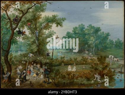 Merry Company in einem Arbour, 1615. Links von dieser kleinen Landschaft musiziert eine Gruppe von Mädchen unter einer Blumenlaube. In einem geschlossenen Bereich rechts sitzen zwei Frauen auf einem Netz, das zum Fangen von Finken dient. Von allen Seiten spionieren Jugendliche Frauen aus, sitzen in Bäumen oder verstecken sich hinter Büschen oder Baumstämmen. Ein kühner Voyeur klammert sich oben an der Laube und blickt auf die Frauen unten. Ein anderer, in einem Netz verstrickt, wird von einer nüchtern gekleideten Frau festgenommen, während zwei Narren oben aus den Bäumen gefallen sind. Stockfoto