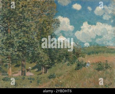 Die Straße von Versailles nach Saint-Germain, 1875. Eine Kurve in der Straße mit winzigen, schnell gezeichneten Figuren erscheint inmitten der üppigen, grünen Bäume auf der linken Seite. Rechts öffnet sich die Landschaft mit Blick auf einen Weinberg auf einem fernen Hügel. Alfred Sisley hat nicht nur die Besonderheiten eines Ortes repräsentiert, sondern das goldene Licht eines Sommertages gemalt, das in den Bäumen und den langen Gräsern flackerte. Stockfoto