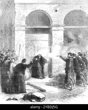 Die späten Ereignisse in Paris: Eine Frau, die im Louvre erschossen wurde, weil sie Erdöl verbreitete, 1871. "Die schockierende Szene... wird so von einem Korrespondenten beschrieben: "An der Ecke der Rue Castiglione wurde mir bewusst... eine große Menschenmenge schrie und ihre Fäuste schüttelte... zwei Artilleristen [zogen] zwischen sich ein schmutziges Bündel von Lumpen, die sich umherstürzten und kämpften, und fielen unter den Schlägen, die darauf geduscht wurden... es war eine Frau, die beim Verteilen von Erdöl gefangen worden war [zum Zweck der Brandstiftung]. Ihr Gesicht blutete, und ihr Haar strömte über den Rücken, von dem ihr Clo Stockfoto