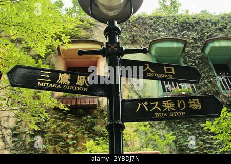 Mitaka, Tokio, Japan - 28. Juli 2017: Wegweiser am Ghibli Museum. Beliebte Touristenattraktion bei Fans des Anime-Regisseurs Hayao Miyazaki. Stockfoto