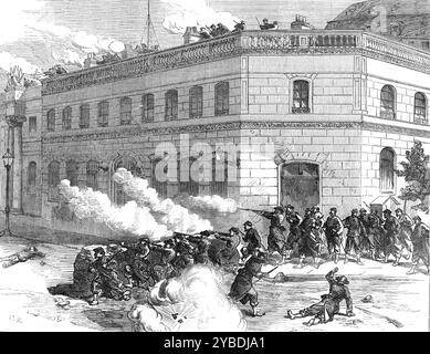 Die Kämpfe in Paris: Kommunisten verteidigen den Elys&#xe9;e Palace, 1871. Die Schnelligkeit, mit der die Barrikaden entstanden, war erstaunlich. Einer fuhr eine Stunde ohne Schwierigkeiten eine Straße hinunter, aber als er die nächste zurückkam, fand man eine Barrikade, die schon drei oder vier Meter hoch war und von jedem Zivilisten, der sich näherte, wurde erwartet, dass er sich bei der Herstellung der Barrikade behilflich sein sollte. Es war schwierig, sich zu bewegen, ohne dass man sie in den Barrikadenbau einsetzte. Es gab eine Barrikade, die nie zuvor gesehen wurde, die innerhalb weniger Minuten aus Bettzeug und Möbeln herauskam, die aus den Fenstern des Hotels geworfen wurden Stockfoto