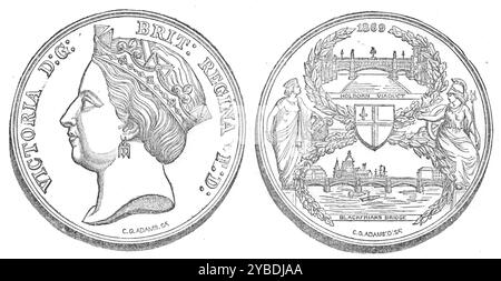 Medaille für die Eröffnung der Blackfriars New Bridge, 1871. "Die Medaille, die im Auftrag des Lord Mayor and Common Council of London anlässlich der Eröffnung der Blackfriars Bridge und des Holborn Viadukts am 6. November 1869 von Ihrer Majestät der Königin geschlagen wurde, ist in unserer Abbildung zu sehen. Der Bildhauer ist G. G. Adams, der viele solcher Werke ausgeführt hat und hohe Preise für Medaillen erhalten hat. Auf der Vorderseite dieser Medaille befindet sich ein Porträt Ihrer Majestät in kühlem Relief. Es ist ein angenehmes Bild. Auf der Rückseite befindet sich eine Darstellung der neuen Blackfriars Bridge und Holbor Stockfoto