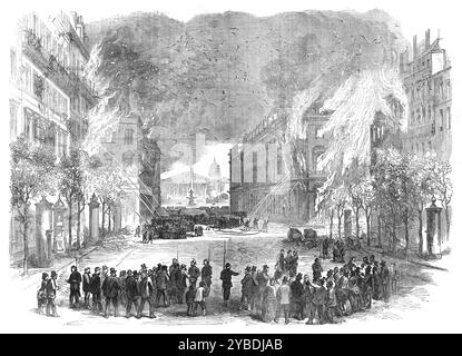 Die Verbrennung von Paris: Die Rue Royale, 1871. "...die Aufständischen, die ungestört waren und ihren Fall als hoffnungslos empfanden, feuerten die Tuilerien, das Finanzministerium und die Rue Royale... es besteht kein Zweifel daran, dass diese Dinge absichtlich auf Befehl der kommunistischen Führer getan wurden; abgesehen davon wurden viele andere Brände in verschiedenen Teilen von Paris von rücksichtslosen Männern und Frauen, die Rache oder Plünderung wollten, entzündet. Der obere Teil der Rue Royale, vom Place de la Madeleine bis zur Rue du Faubourg St. Honor&#xe9;, wurde auf beiden Seiten verbrannt. Das Feuer hier sieht man die Straße hinunter in Richtung Pla Stockfoto