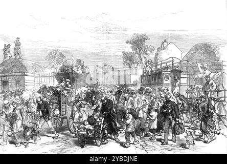 Französische Belagerung von Paris: Waffenstillstand bei Neuilly - Menschen, die ihre Häuser verlassen, um in die Stadt zu gehen, 1871. "Die Belagerung des aufgewühlten Paris durch die Armee der französischen Versammlung in Versailles liefert immer noch die Motive der Skizzen unseres Künstlers, die für diese Publikation eingraviert wurden. Eine davon repräsentiert die Szene von Neuilly während des kurzen Waffenstillstands, als die Bewohner dieses Vorstadtdorfes, das sich am rechten Ufer der seine befindet, direkt hinter dem Arc de Triomphe und außerhalb der Porte Maillot, ihre Wohnungen verlassen und ihre Familien nach Paris verlegen durften. Sie wurden gezwungen, N zu verlassen Stockfoto