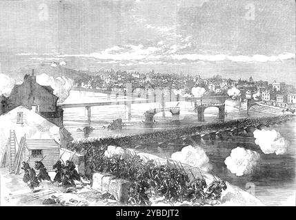 Der Bürgerkrieg in Frankreich: Kommunisten an der Brücke der Asni&#xe8;res, 1871. "Der rechte Flügel der ganzen kommunistischen Armee lag jenseits der seine... die richtige Brücke von Asni&#xe8;res wurde zerstört, wie unsere Leser sich erinnern werden, während der preußischen Belagerung; aber die Eisenbahnbrücke ist noch erhalten, und es gab auch eine Brücke von Booten. Die Kommunisten besetzten am 17. April nicht nur Asni&#xe8;res, sondern besaßen Intrenchments und Barrikaden bis Colombes...it war besonders wichtig, um Asni&#xe8;res zu besetzen, um eine zweite Position für die Überquerung der seine zu erhalten... einige Versailles Mitrai Stockfoto