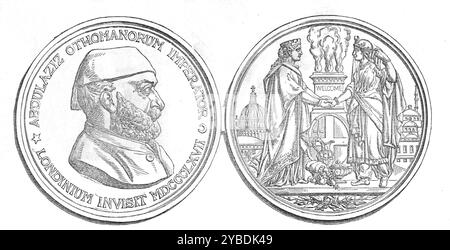 Medaille für den Besuch des Sultans in London, 1871. "Der Besuch des Sultans der Türkei in London im Sommer 1867 wurde mit einer Medaille, die von den Herren Wyon Brothers von Langham-Place entworfen und ausgeführt wurde, angekündigt. Auf Kosten der City Corporation. Es zeigt auf der einen Seite das Porträt seiner kaiserlichen Majestät Abdul Aziz aus einem Foto, das während seines Aufenthalts in London aufgenommen wurde; aber Joseph Wyon, der das Porträt modelliert, wurde von seinem Exzellenz Musurus Pacha unterstützt, dem Botschafter der Türkei hier. Die Rückseite der Medaille zeigt eine Gruppe Stockfoto