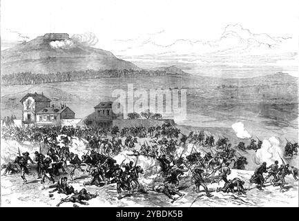 Der Bürgerkrieg in Paris: Die Verwüstung der Kommunisten in Nanterre durch das Feuer des Mont Val&#xe9;Rire, 1871. "... die Kommunisten haben eine Flankenbewegung mit dem Ziel gemacht, die Truppen einzuhüllen. Um dies festzuhalten, leitete General Faron eine Gegenbewegung von Le Val Fleury und die Höhen des CH&#xe2;tillon, die von General Deroja durchgeführt wurde... Eine schnelle, aber unregelmäßige Kanonade wurde eine Stunde lang aufrechterhalten; aber die ganzen Operationen wurden von der Beobachtungsstelle am Mont Val&#xe9;rien beobachtet, und gegen halb zwölf wurde ein Signal an General Faron von der Beobachtungsstelle gemacht, das Forts Issy und Vanves gerade hatten Stockfoto