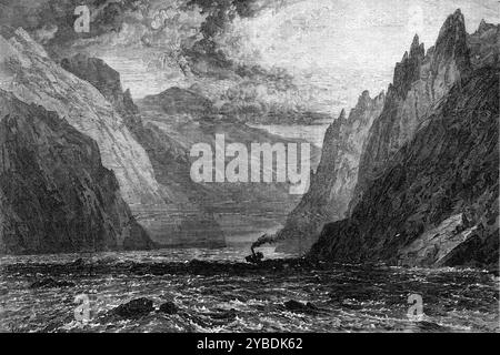 Das Eiserne Tor der Donau, 1871. Die gesamte Länge der Donau mit all ihren Windungen beträgt 1725 Meilen oder fast 1000 Meilen von Westen nach Osten. Er entspringt im Schwarzwald von Baden. Der obere Teil seines Kurses durch Süddeutschland zeigt eine große malerische Landschaft, aber östlich, von Wien bis zum Schwarzen Meer, sind seine Ufer meist flach. Es gibt eine auffallende Ausnahme von dieser eintönigen Ebene, in der Unreinheit zwischen steilen Felsen, das Eiserne Tor, in der Walachei, vier oder fünf Meilen unterhalb von Orsowa, nahe der Grenze zu Ungarn." Aus „Illustrated London Stockfoto