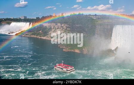 Ein Boot navigiert durch die Gewässer in der Nähe der Niagarafälle und zeigt einen wunderschönen Regenbogen über Ihnen. Stockfoto