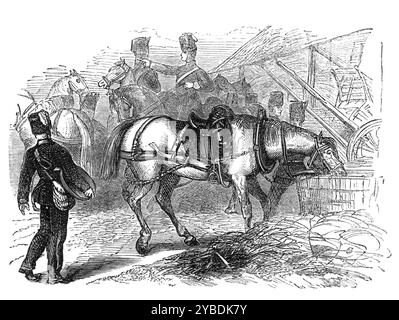 The Volunteer Review: The First Halt in Sutton, Friday Morning, 1871. Militärische Manöver der britischen Armee. Am Karfreitagmorgen starteten die Freiwilligen der 1. Middlesex-Artillerie in Wellington Barracks, mit zwei Batterien, einer von sechs-Pfünder-glatten Bohrungen, kommandiert von Captain G. Hunt, die andere von zwölf-Pfünder-Haubitzen, kommandiert von Captain Barnett, beide auf Befehl von Colonel Shakespear, ihrem neu ernannten Häuptling. Das Aussehen dieses Crack-Korps war sehr zufriedenstellend, die Männer sahen klug und soldatenartig aus, als sie ihre Sättel und Limber-Boxen saßen. Sie marschierten durch Clapham Stockfoto