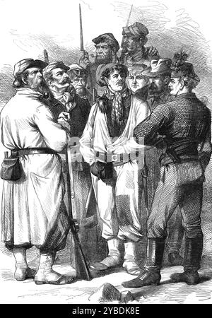 Der Bürgerkrieg in Paris: Männer der Barrikaden, 1871. "...die bunte Figur und Kleidung der "Männer der Barrikaden". Der Mann, der in der Mitte steht, mit aufgeflickter Hose, Bluse, Wollumschlag, Ledergürtel für Tasche und Bajonett über einem roten Gürtel und roter Freiheitsmütze, mit gelber Quaste, die sehr viel über der rechten Schulter getragen wird, ist eine Freiwillige Nationalgarde. Auf der linken Seite der Gravur befinden sich die Nationalgarde, von denen der nächste nach vorne, mit Vollbart, Pfeife im Mund, seinen Mantel trägt und sein Gewehr trägt. Die auf der linken Seite, mit Stockfoto