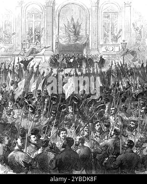 Die Kommune in Paris: Skizze im Hotel de Ville, 1871. Deutsch-Französischer Krieg. "Die Illustration auf unserer Titelseite stellt die Ankündigung eines Dekrets der Roten republikanischen Regierung im Hotel de Ville dar." Aus Illustrated London News, 1871. Stockfoto