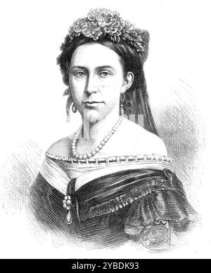 Die verstorbene Königin von Schweden, 1871. Die verstorbene Königin Wilhelmina Frederica Alexandria Anna Louisa, Prinzessin von Orange und Königin von König Karl XV. Von Schweden und Norwegen, war eine Tochter von Prinz Wilhelm Friedrich von den Niederlanden, der Onkel des Königs von Holland ist. Sie wurde am 5. August 1828 geboren und heiratete im Juni 1850. Ihre Majestät war in Schweden sehr geschätzt und geliebt, als gute Ehefrau und Mutter und eine gnädige Königin... man kann auch bemerken, dass die Königin eine Autorin von irgendeinem Ruf war, nachdem sie unter dem Namen Do Plume von "Jane Voncome" in Schwedisch eine Übersetzung von an veröffentlicht hatte Stockfoto