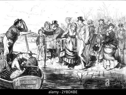 Der erste April: Eine Skizze beim Boat-Race, 1871. „Das jährliche Bootsrennen auf der Themse von Putney nach Mortlake zwischen den Meisterbesatzungen der Universität Oxford und Cambridge... auf den niedrigen kleinen Inseln oder „Aits“ des Flusses in der Nähe von Chiswick... wurden nicht wenige Zuschauer versammelt, die dort von den gerissenen Bootsführern gelandet worden waren und sie von dem sicheren Pfad für eine kleine Gebühr von sechs Pence pro Kopf überbrachten. Als die Flut schnell und voll auftauchte und eine gewaltige Anschwellung verursachte, wurden diese Stellen sumpfiger Böden, wenn sie nicht tatsächlich überflogen, so von den Wellen gewaschen, wie es der Fall war Stockfoto