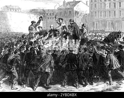 Der Konflikt in Paris: Angriff auf General Chanzy, 1871. Eine von mehreren '...deplorable Szenen von Bürgerkrieg und grausamer Empörung, in einem Fall bis zum Ausmaß eines Massakers, und beinhaltet die Begehung mehrerer vorsätzlicher Morde, ohne die geringste Rechtfertigung, seitens der Roten republikanischen Aufständischen...[Ansicht] der Beschlagnahme von General Chanzy durch die Aufständischen, die am Abend desselben Tages im Barriere Fontainebleau stattfand, als er von Tours aus von der Orleans Railway ankam Abend desselben Tages eintraf. Zu einer späteren Stunde des Abends setzten sich die Führer der Revolte ein Stockfoto