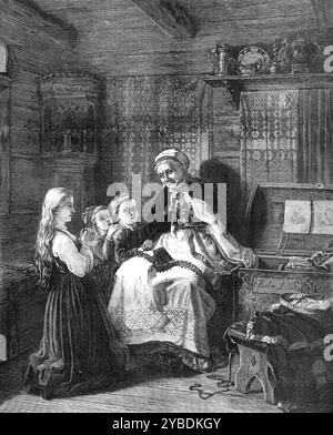 "Großmutter's Bridal Crown" von A. Tidemand - ein Brautgeschenk an die Prinzessin von Schweden von den Damen von Norwegen, 1871. „Der Vorfall bezieht sich auf den einzigartigen Brauch in Norwegen und Schweden, dass die Braut bei ihrer Hochzeit eine hübsche Krone trägt... die Brautkrone ist das kostbarste Relikt der Familie; es ist ein Erbstück, das oft über mehrere Generationen von Mutter zu Tochter abstammt... viele von ihnen zeugen von der bemerkenswerten Kunst der alten skandinavischen Metallarbeiter... eine alte Dame mit natürlichem Stolz zeigt ihrem Großschi das prächtige Brautschmuck, den Ruhm ihrer eigenen Jugend Stockfoto