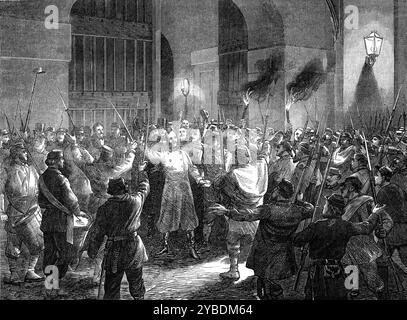 M. Flourens wurde 1871 von den Aufständischen in Paris aus dem Gefängnis entlassen. Deutsch-Französischer Krieg. "Die Aufständischen... versammelten sich am Samstagabend und drängten sich in das Gefängnis von Mazas, wo M. Gustave Flourens, ein Anführer der Ultra-Demokratischen Fraktion, seit dem ersten Versuch Anfang November, die Regierung im Hotel de Ville zu verärgern, eingesperrt war. Fünf oder sechshundert Mann, bewaffnet mit Kanonen, darunter viele der meuderischen Bataillone der Nationalgarde, die M. Flourens befehligt hatte, kamen gegen Mitternacht im Gefängnis an und schickten drei Delegierte, um mit M. Bayet, dem Sup, zu sprechen Stockfoto