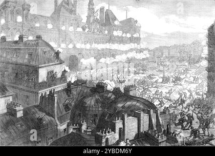 Die roten republikanischen Aufständischen greifen 1871 das Hotel de Ville in Paris an. Französisch-Preußischer Krieg: '...Ausbruch gegen die späte Provisorische Regierung...eine Partei von 200 oder 300 Aufständischen, die meist die Uniform der Nationalgarde trugen... trat vor dem Hotel de Ville auf, wo sie begannen, ihre Gewehre zu laden... Sie riefen "Vive la Commune!" Als Zeichen ihres Wunsches nach einer revolutionäreren Regierung begannen die Aufständischen auf M. Vabre und seine beiden Gefährten zu feuern... die Gardes Mobiles in den Räumen oben öffneten die Fenster und feuerten... die kleine Gruppe, die bei t gezeigt wurde Stockfoto