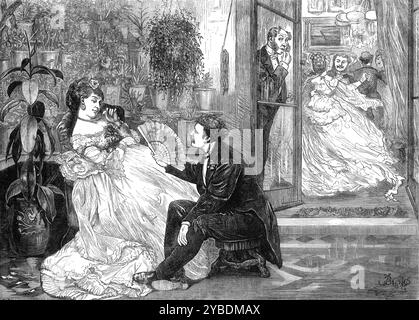 Der Vermisste Partner, 1871. "Es ist kein unwahrscheinlicher Vorfall, dass sich eine Dame, die sich bereit erklärt hat, auf ihre Verlobungskarte oder Elfenbeintafeln eine sehr lange Liste von Herren zu setzen, die die Ehre versprach, mit ihr im Laufe des Abends zu tanzen, so sehr müde fühlen sollte, wenn die Wende eines, dem sie nicht so ähnlich ist, gekommen ist, dass sie leise in den Wintergarten schlüpfen und sich dort ausruhen muss. Es erscheint auch nicht unwahrscheinlich, dass ihr ein anderer, der ihr bekennender Verehrer ist, zu diesem Rückzug folgt, der vielleicht einen Grund hat, sich für sie annehmbarer zu halten Stockfoto