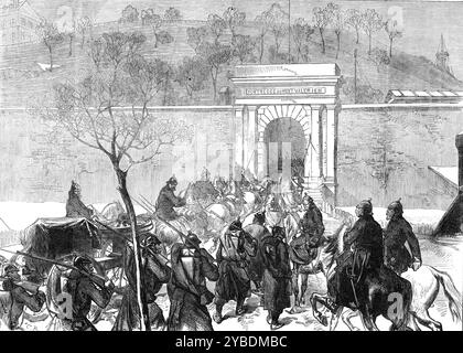 Die Deutschen kommen in den Mont Val&#xe9;rien, 1871. Deutsch-Französischer Krieg: „Der Einzug der preußischen Truppen in die Festung Mont Val&#xe9;rien und das Hissen der deutschen nationalen und kaiserlichen Flagge am Sonntag, dem 29. Januar... diese Festung auf dem Hügel direkt außerhalb des Bois de Boulogne, gegenüber der St. Cloud, ist für alle, die Paris besucht haben, bekannt. Sie ist ein auffälliges und imposantes Merkmal in der Aussicht auf dieser Seite der Stadt. Sie hat ein ziemlich schweres Aussehen, als wäre sie von den riesigen quadratischen Baracken auf der Spitze des Hügels überlastet. Die französische Mili Stockfoto