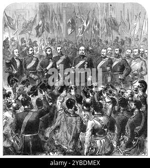 Die Ernennung des Königs von Preußen zum deutschen Kaiser im Schloss Versailles 1871. Franco-Preußischer Krieg: "...die Zeremonie am 18. Januar, als der König von Preußen formell den neuen Titel „Deutscher Kaiser“ annahm...rechts und links standen Deputationen der Truppen, die die deutschen Banner nach Versailles begleitet hatten..nahe dem König stand der Kronprinz mit den Fürsten Carl und Adalbert von Preußen; der Kronprinz von Sachsen und Prinz Georg; die Großherzöge von Baden, Sachsen und Oldenburg und Bisburg, die Herzöge von Bisburg und Oldenburg, usw. Stockfoto