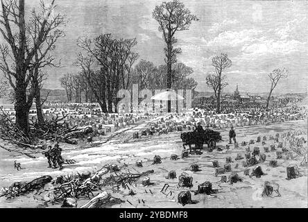 Bois de Boulogne, Paris, (Skizze mit Ballonpfosten), 1871. Deutsch-Französischer Krieg. "Es gibt nur sehr wenig Holz zum Verbrennen, und sein hoher Preis beschränkt den Hausgebrauch auf die reicheren Klassen. Viele der Bäume im Bois de Boulogne und im Bois de Vincennes sowie die Bäume auf den Boulevards wurden zu diesem Zweck abgeholzt. Der Bois de Boulogne, der in den wohlhabenden Tagen des Zweiten Reiches eine so schwule und modische Promenade war, gehört heute der Vergangenheit an. Sie diente bereits als Weidefläche für Tausende von Schafen und Rindern, die von der zusammen gesammelt wurden Stockfoto