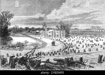 See im Bois de Boulogne, Paris, (Skizze mit Ballonpfosten), 1871. Deutsch-Französischer Krieg. "Die Zerstörung dieser schönen Haine im Bois de Boulogne und anderer öffentlicher Vergnügungsanlagen, die entweder zur Räumung des Raumes aus militärischen Gründen vor den Festungsmauern oder zur Versorgung der in Not geratenen Stadtbewohner abgeholzt wurden, wurde in unserer letzten Ausgabe erwähnt. Wir geben [eine Illustration] der Szenen des Verwüstens und der Verwüstung, die sich jetzt auf der bis vor kurzem schönsten Promenade einer Stadt in Europa befinden. Der Bois de Boulogne kann nicht in vielen Jahren kommen Stockfoto